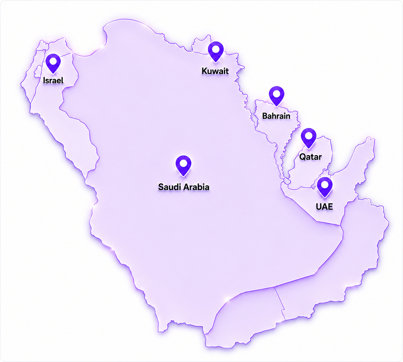 Map showing Dev Technosys service locations across the Middle East